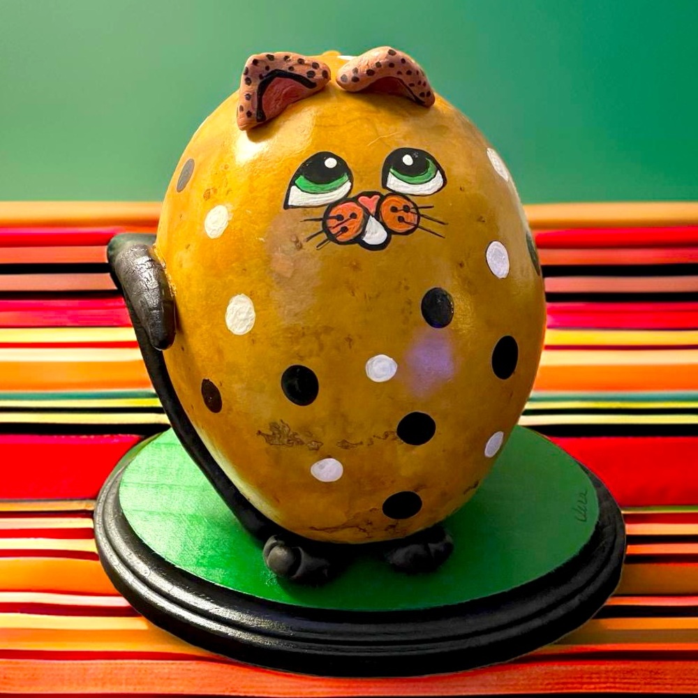 Hand crafted painted brown black white dotted cat dry gourd green eyes clay ears